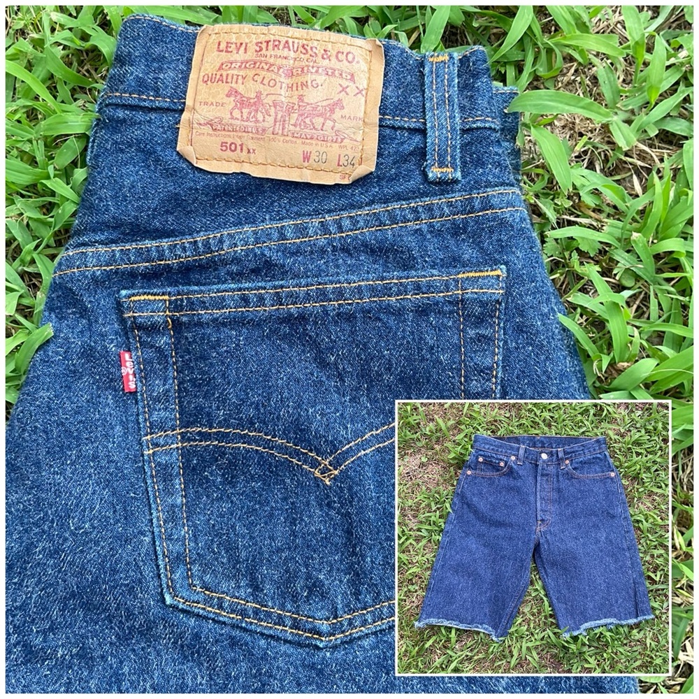 Vintage Cut Off Levis 501xx Jeans Button Fly Dark Wash Size 29 Waist Unisex Mens